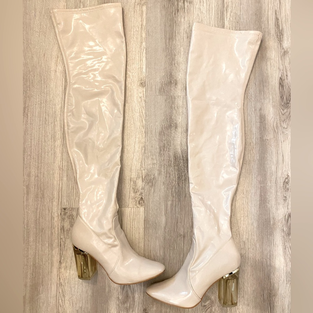 Cape Robbin sz 7.5 Ivory Winter Boots Thigh High Clear Block Heel Warm Round Toe